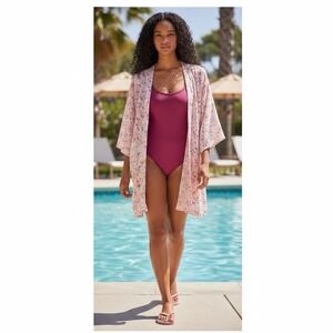 Orchid Haze Kimono Pink Cover Up Jacket Size M Women Floral Bohemian Beach Coast